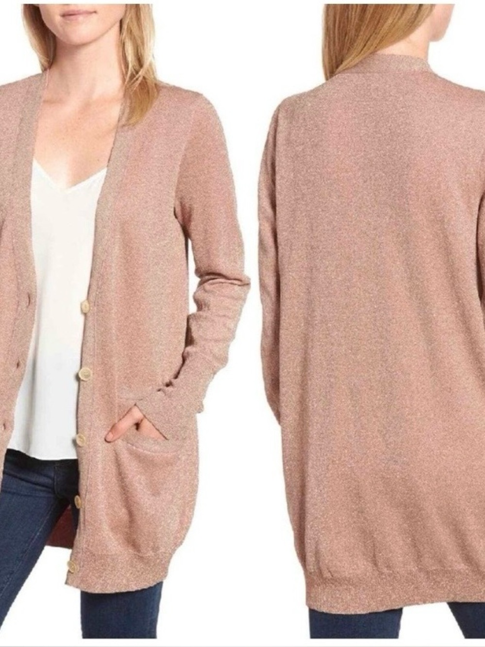 J.Crew Collection Metallic Rose Gold Sparkle Long Cardigan Sweater - Small